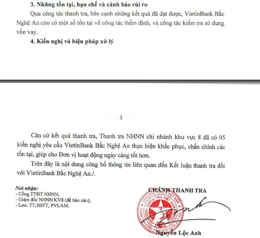 Thanh tra chỉ ra hai nhóm tồn tại tại VietinBank Bắc Nghệ An