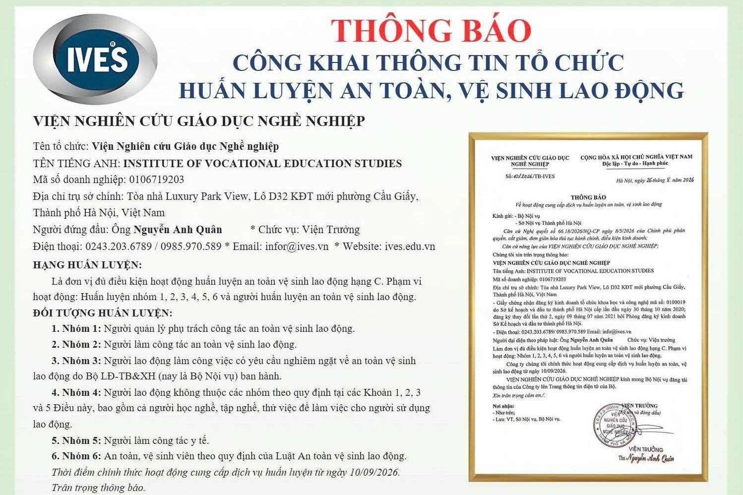 Viện Nghiên cứu Giáo dục Nghề nghiệp cung cấp dịch vụ huấn luyện an toàn lao động