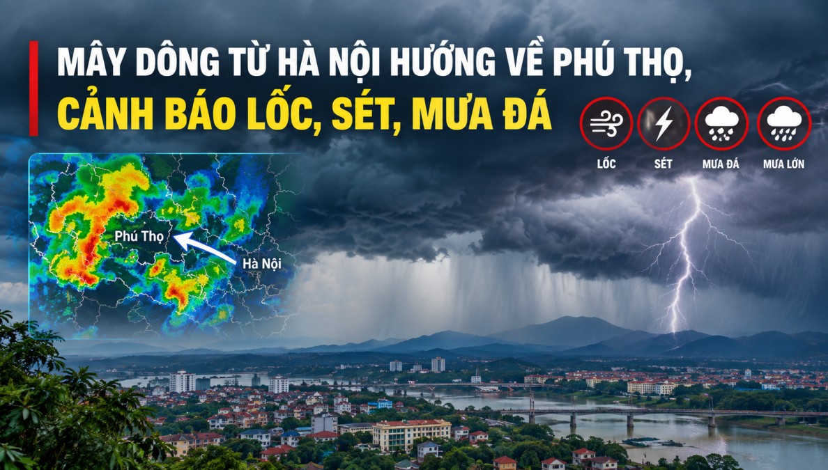 Mây dông từ Hà Nội hướng về Phú Thọ, cảnh báo lốc, sét, mưa đá