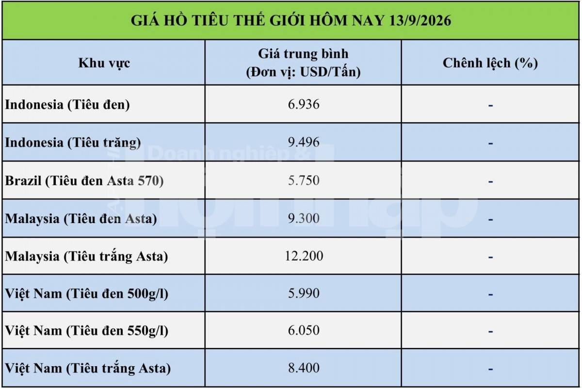 Giá tiêu hôm nay 13/9/2026: Trong nước đi ngang, Indonesia giảm mạnh xuất khẩu