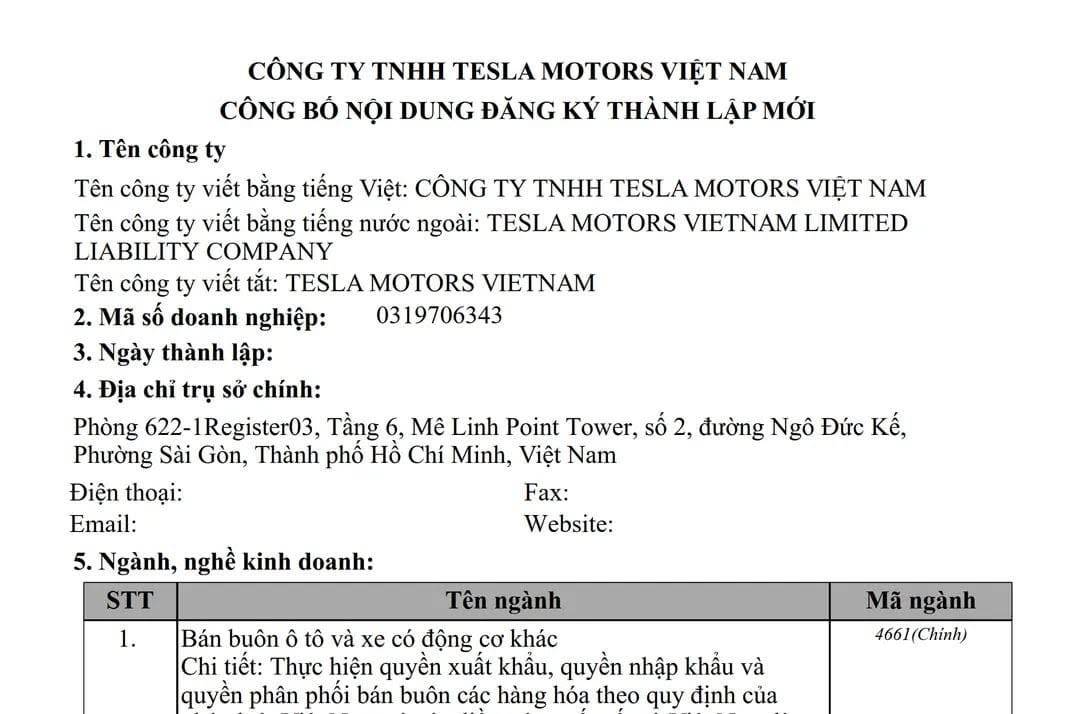 Tesla chính thức lập pháp nhân tại Việt Nam, vốn điều lệ gần 78 tỷ đồng