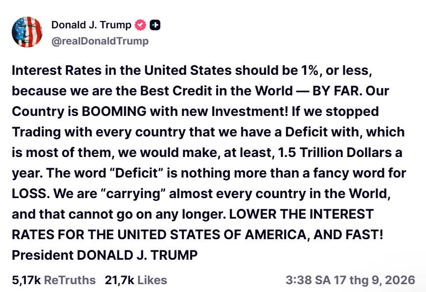 Dòng trạng thái của Tổng thống Donald Trump trên mạng xã hội Truth Social trước động thái của Fed về việc tăng lãi suất