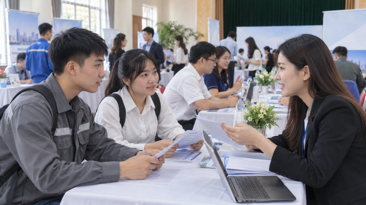 Người lao động tìm hiểu cơ hội tuyển dụng tại phiên giao dịch việc làm. Ảnh minh họa do AI tạo.