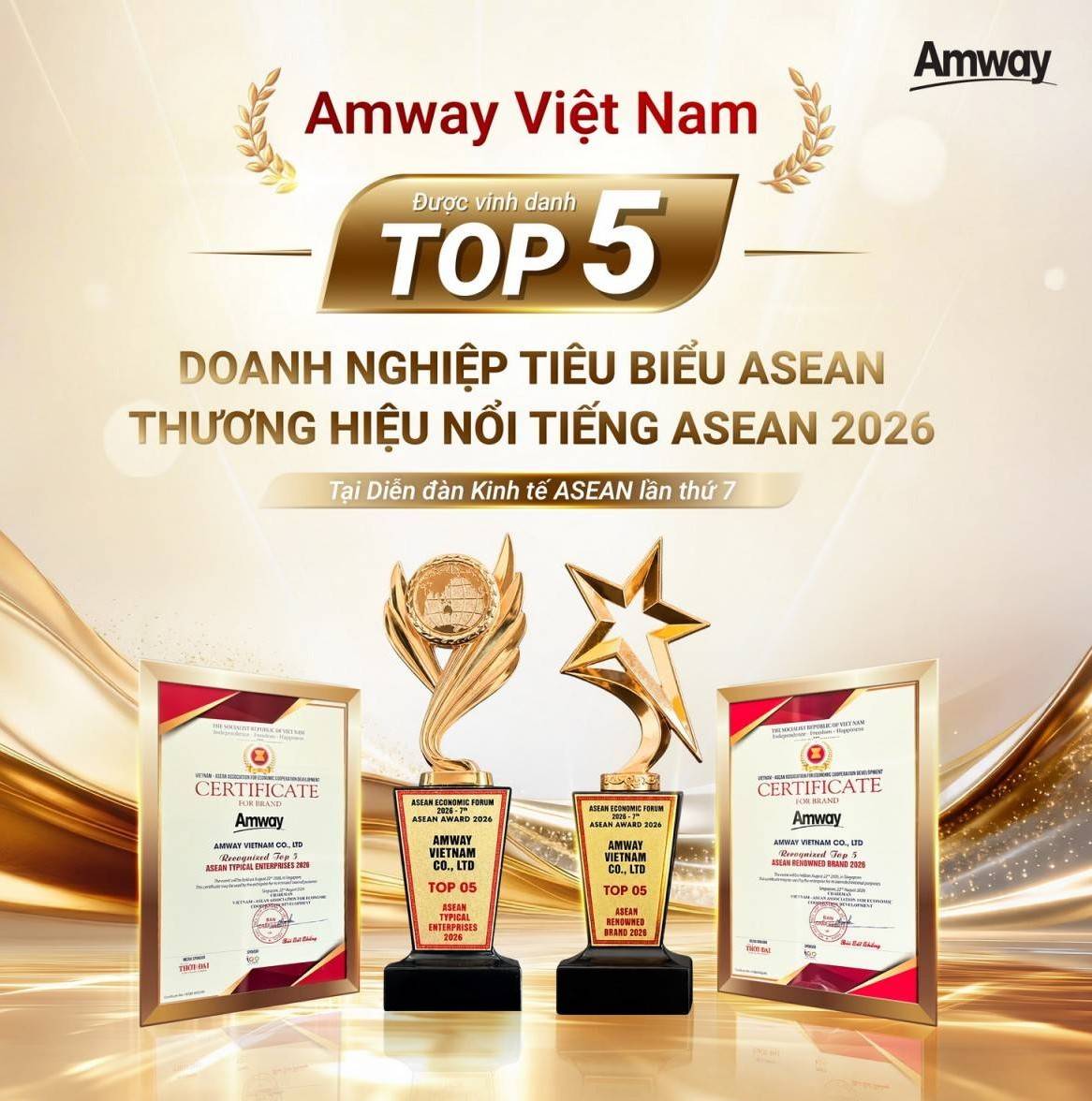 Amway Việt Nam được vinh danh Top 5 doanh nghiệp tiêu biểu ASEAN và Top 5 thương hiệu/sản phẩm nổi tiếng ASEAN 2026