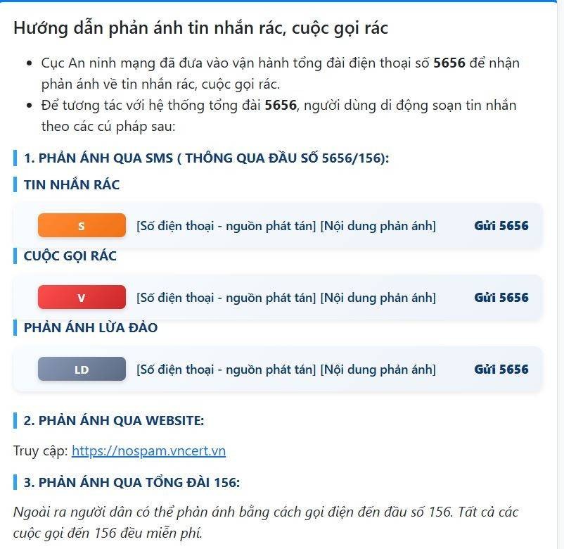 Hướng dẫn phản ánh tin nhắn rác, cuộc gọi rác và dấu hiệu lừa đảo qua đầu số 5656, website hoặc tổng đài 156.