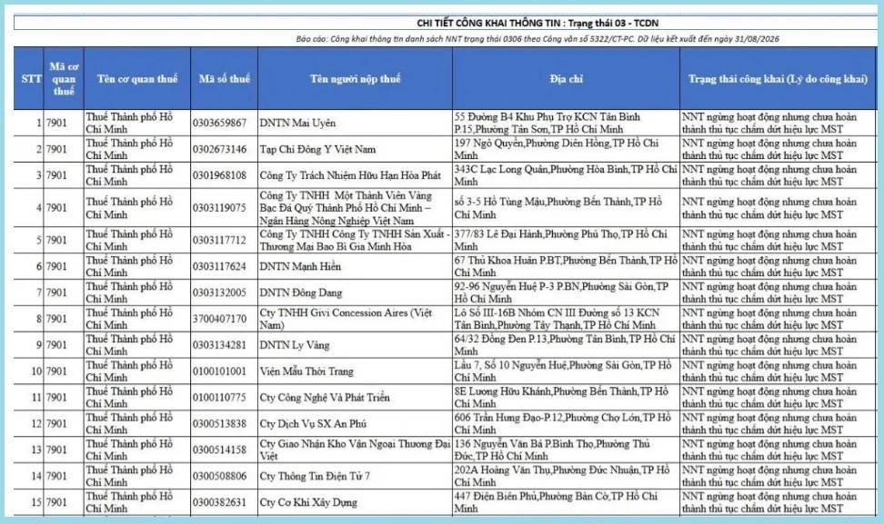 Một phần danh sách Thuế TP. Hồ Chí Minh công khai 19.198 người nộp thuế thuộc trường hợp trạng thái 03, 06 (Nguồn ảnh: Thuế TP. Hồ Chí Minh).