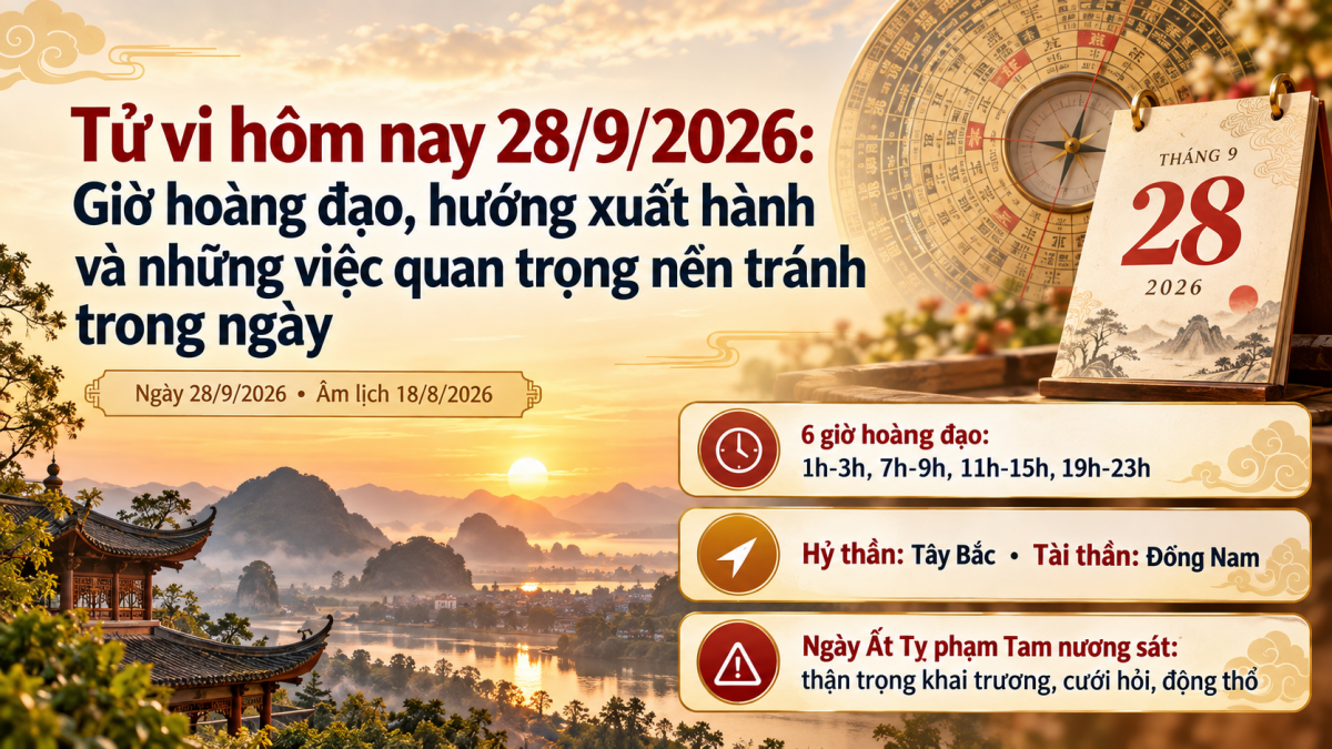 Tử vi hôm nay 28/9/2026: Giờ hoàng đạo, hướng xuất hành và những việc quan trọng nên tránh trong ngày