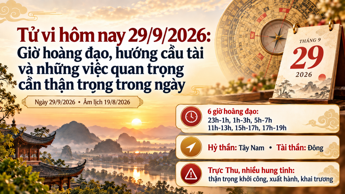Tử vi hôm nay 29/9/2026: Sáu giờ hoàng đạo, hướng Tài thần và thời điểm thuận lợi để xuất hành