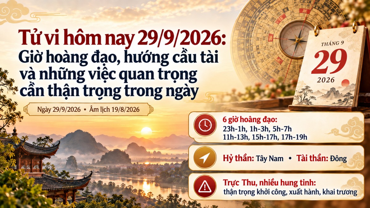 Tử vi hôm nay 29/9/2026: Sáu giờ hoàng đạo, hướng Tài thần và thời điểm thuận lợi để xuất hành