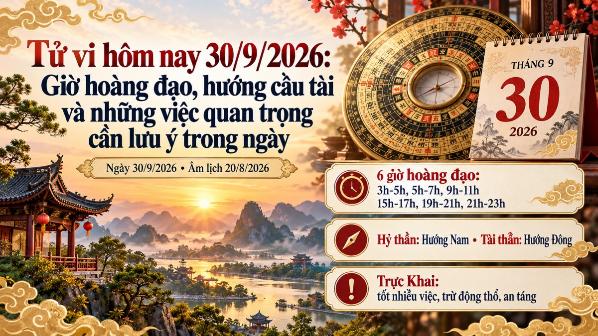 Tử vi hôm nay 30/9/2026: Giờ hoàng đạo, hướng cầu tài và những việc quan trọng cần lưu ý trong ngày