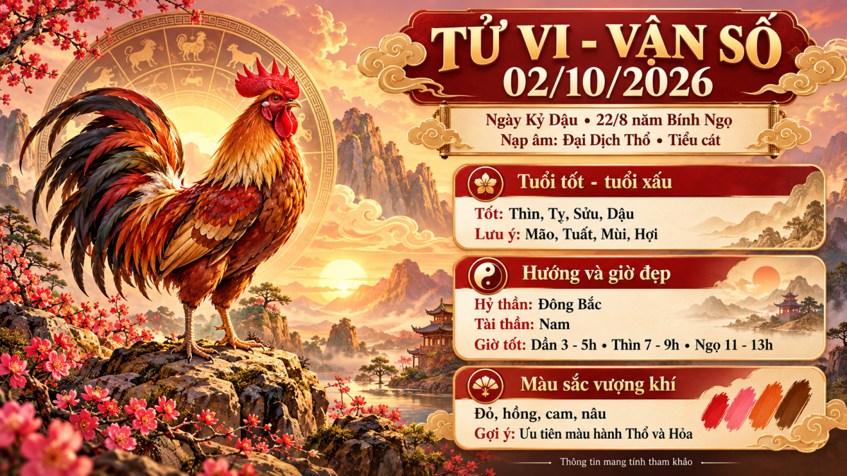 Tử vi - Vận số ngày 02/10/2026: Chọn giờ, hướng, màu sắc và thực đơn thế nào để chủ động đón vận may?