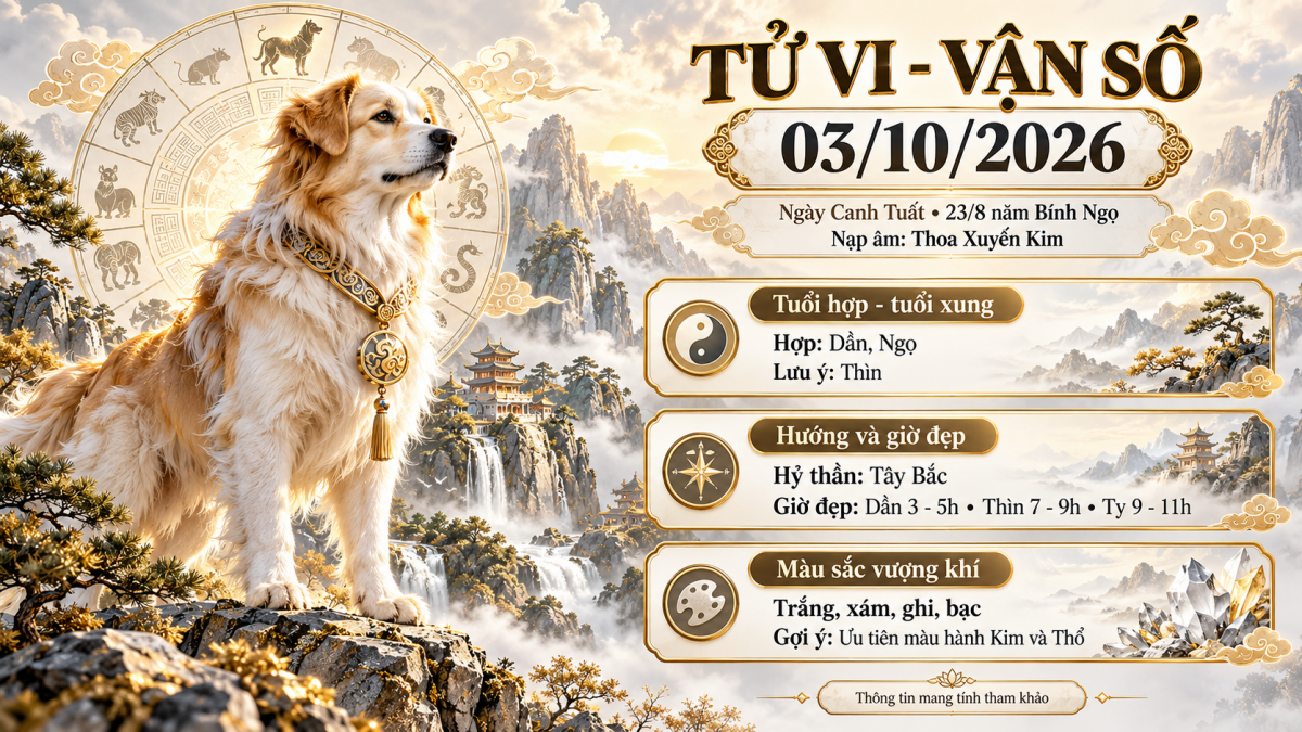 Tử vi - Vận số ngày 03/10/2026: Hỷ thần ở Tây Bắc, xuất hành giờ nào thuận lợi và điều gì cần tránh trong ngày?