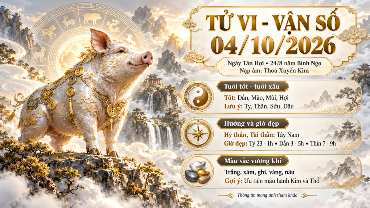 Tử vi - Vận số ngày 04/10/2026: Giờ đẹp, hướng xuất hành và lưu ý phong thủy trước khi ký hợp đồng, gặp đối tác