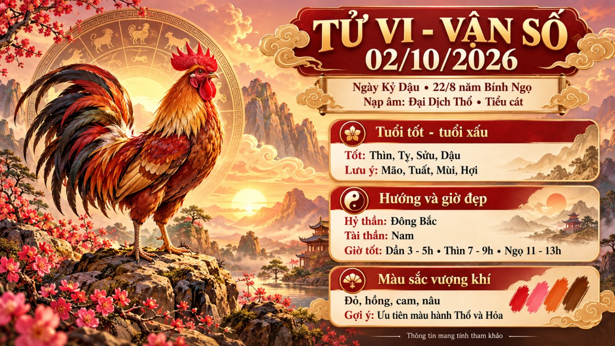 Tử vi - Vận số ngày 02/10/2026: Chọn giờ, hướng, màu sắc và thực đơn thế nào để chủ động đón vận may?