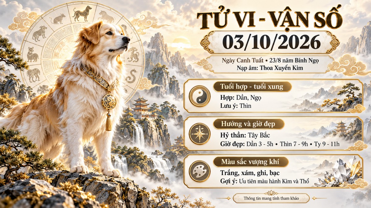 Tử vi - Vận số ngày 03/10/2026: Hỷ thần ở Tây Bắc, xuất hành giờ nào thuận lợi và điều gì cần tránh trong ngày?
