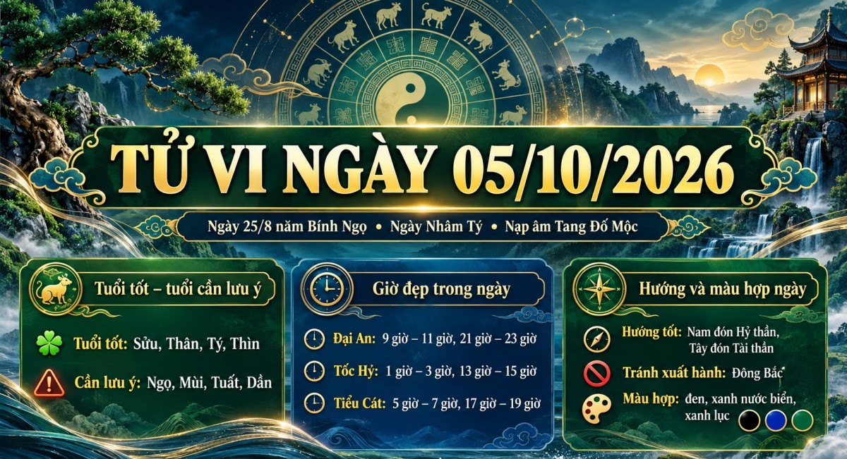 Tử vi - Vận số ngày 05/10/2026: 4 con giáp đón vận sáng, 4 tuổi nên thận trọng và khung giờ xuất hành đáng chú ý