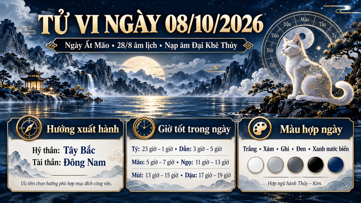 Tử vi - Vận số ngày 08/10/2026: Màu hợp, thực phẩm nên dùng và những vật dụng hành Thổ cần tiết chế
