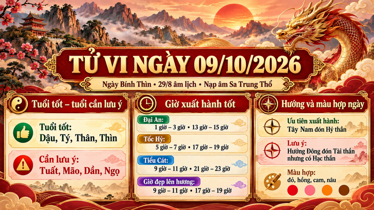 Tử vi - Vận số ngày 09/10/2026: Việc gì nên làm, điều gì cần cân nhắc trong ngày Bính Thìn Sa Trung Thổ?