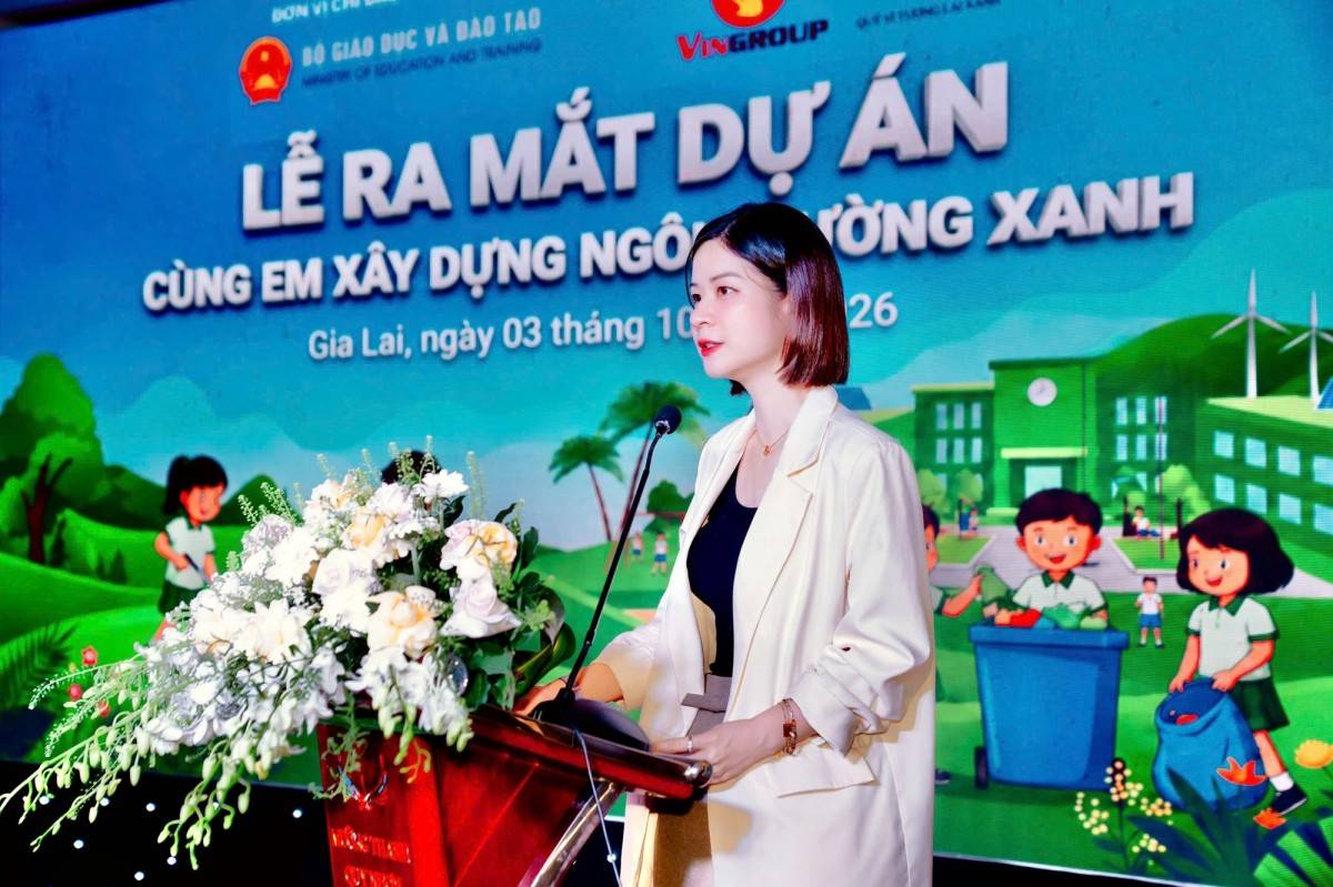  TS. Lê Thái Hà, Giám đốc Điều hành Quỹ Vì tương lai xanh – Tập đoàn Vingroup, cho biết mục tiêu của dự án đến năm 2028 là xây dựng được mô hình có thể đo lường, đánh giá và nhân rộng, đưa lối sống xanh trở thành một phần trong đời sống học đường. Ảnh: BTC.