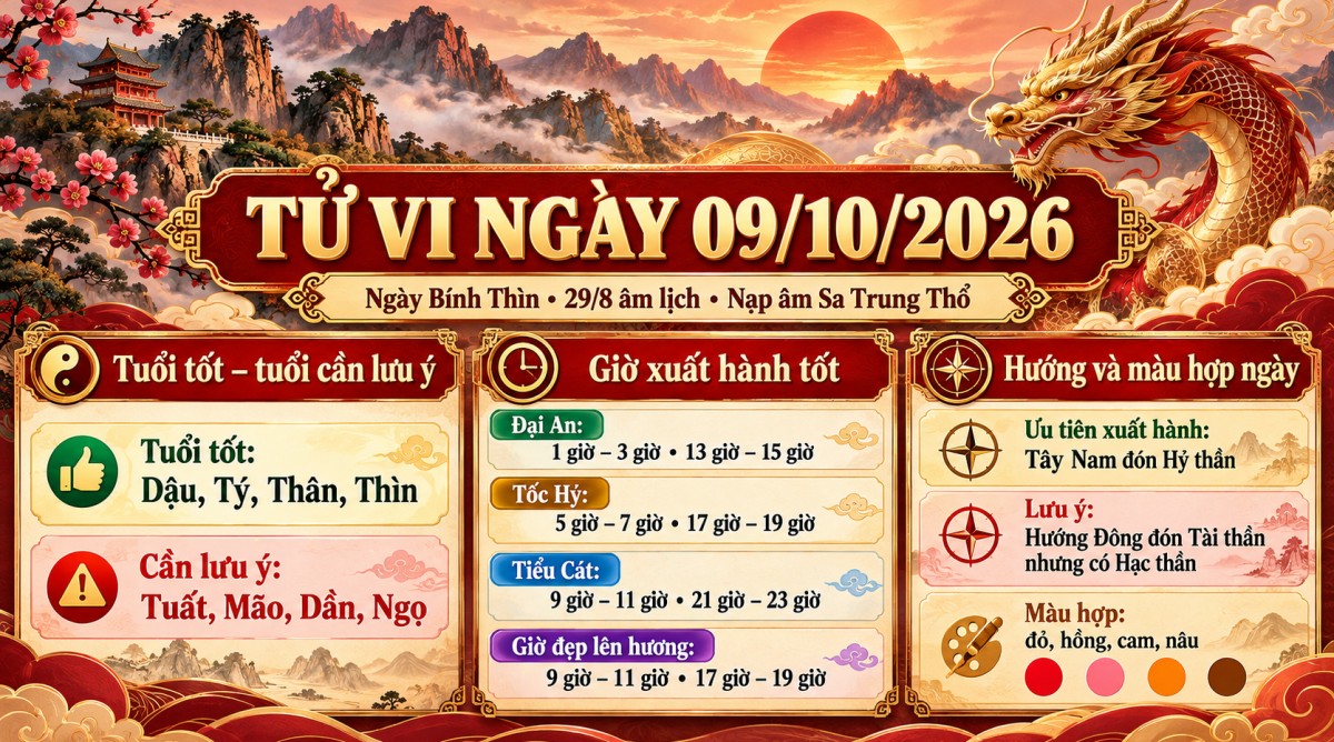 Tử vi - Vận số ngày 09/10/2026: Việc gì nên làm, điều gì cần cân nhắc trong ngày Bính Thìn Sa Trung Thổ?