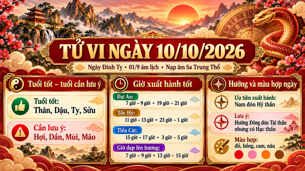 Tử vi - Vận số ngày 10/10/2026: Giờ cầu tài, hướng xuất hành và tuổi nào thuận lợi cho công việc, giao dịch?