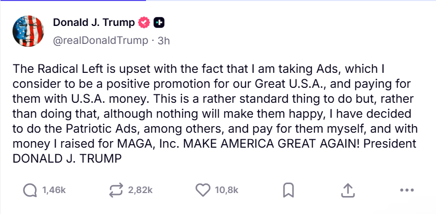 Dòng trạng thái của Tổng thống Mỹ Donald Trump trên mạng xã hội Truth Social về 
