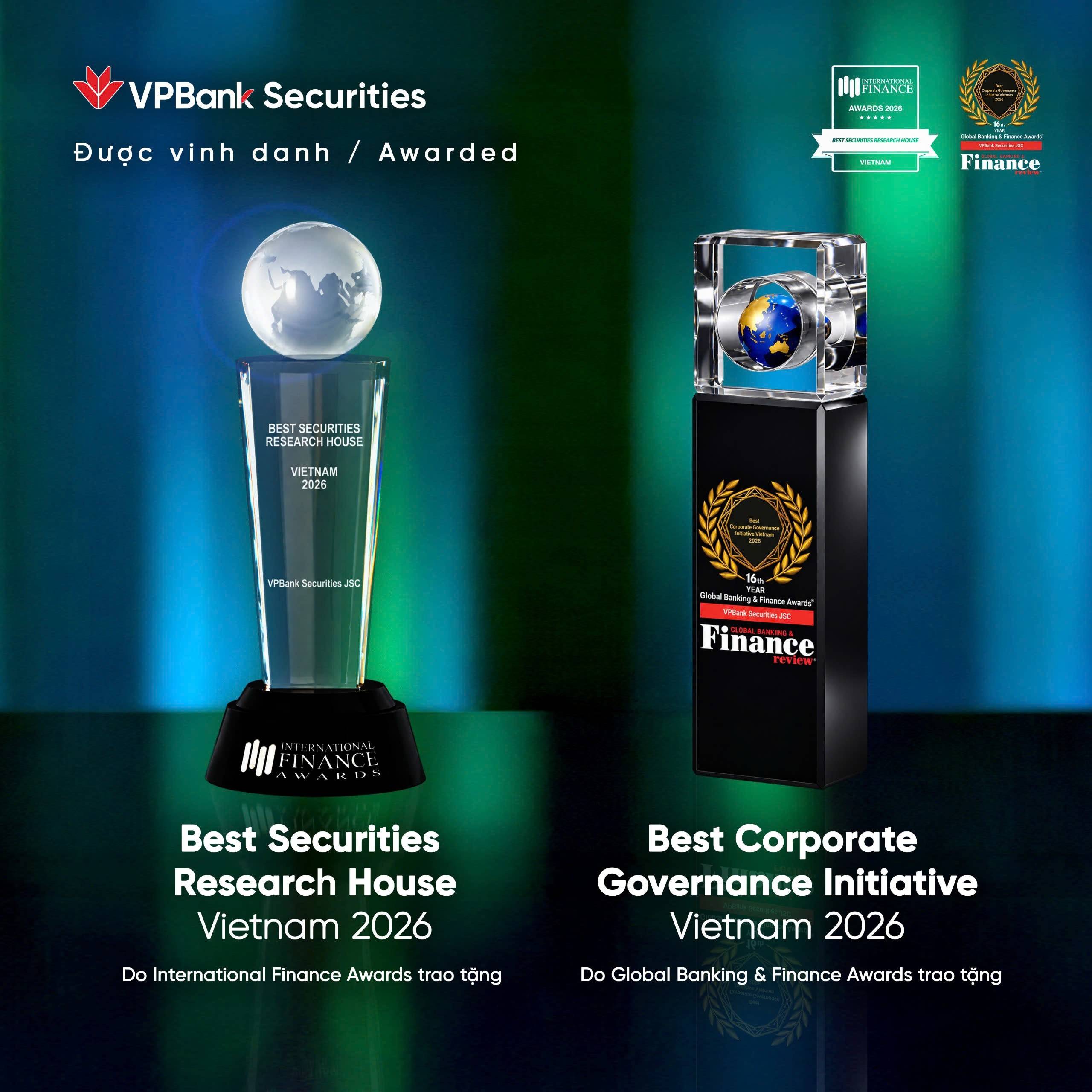 VPBankS được vinh danh là “Best Securities Research House Vietnam 2026” (Đơn vị phân tích chứng khoán tốt nhất Việt Nam 2026) bởi International Finance và “Best Corporate Governance Initiative Vietnam 2026” (Sáng kiến quản trị doanh nghiệp tốt nhất Việt Nam 2026) bởi Global Banking & Finance Review.