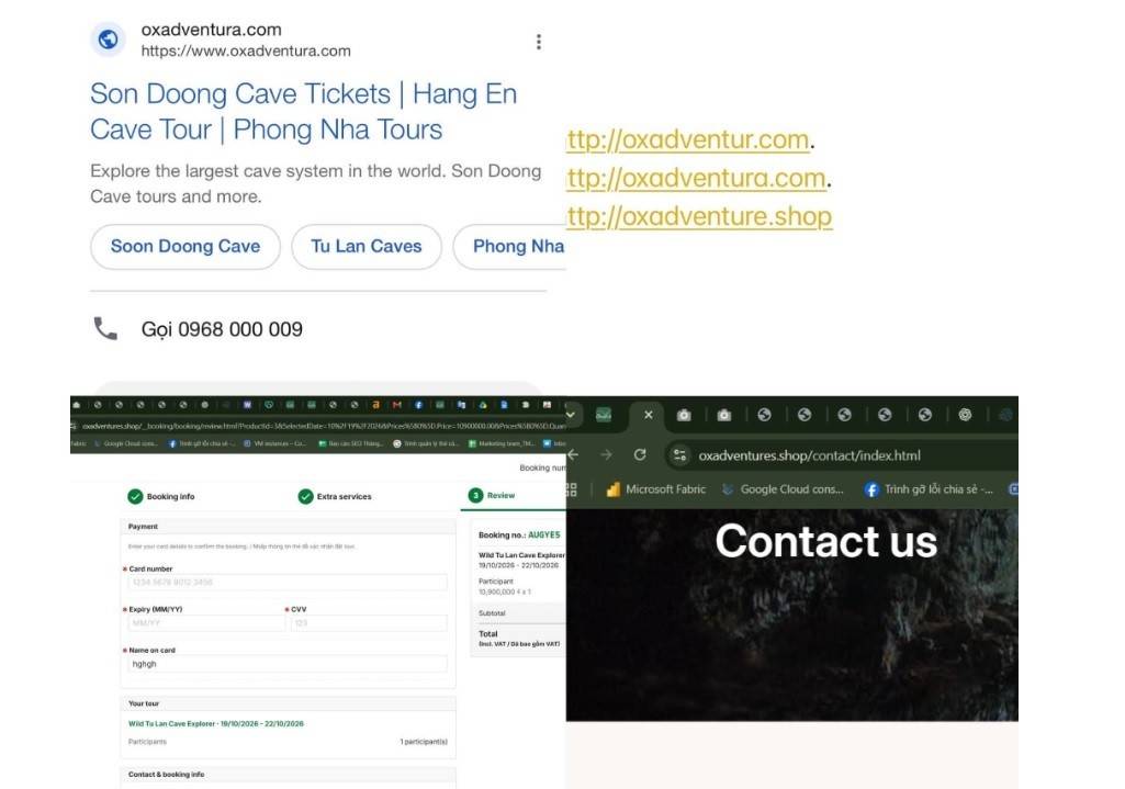 Một số website có tên miền gần giống Oxalis Adventure đang chạy quảng cáo trên Google và các nền tảng khác để tiếp cận du khách, tiềm ẩn nguy cơ lừa đảo khi đặt tour Sơn Đoòng - Ảnh: Oxalis Adventure