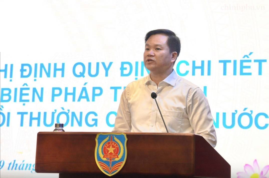 Ông Nguyễn Ngọc Vũ, Phó Cục trưởng Cục Đăng ký giao dịch bảo đảm và Bồi thường nhà nước (Bộ Tư pháp) trình bày đề dẫn - Ảnh: chinhphu.vn/DA