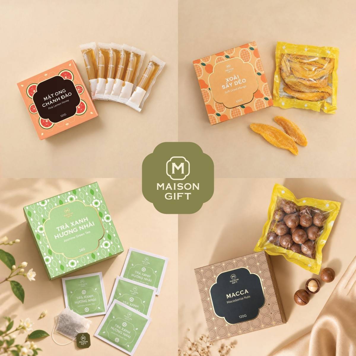Mật ong chanh đào, xoài sấy dẻo, trà xanh hương nhài và hạt macca: những sản vật quen thuộc trong hộp quà Maison Gift.