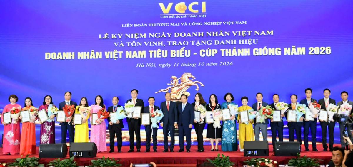  Ông Huỳnh Văn Dũng (người đứng thứ 4 bên trái ảnh) cùng các doanh nhân tiêu biểu nhận cúp Thánh Gióng.