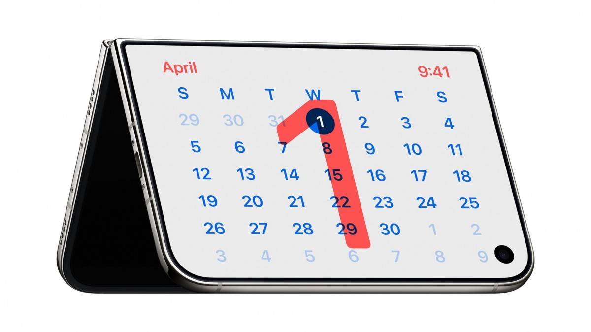 iPhone Duo dựng đứng, hiển thị lịch ở chế độ Chờ. Ảnh: Apple