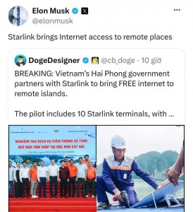 Tỷ phú Elon Musk chia sẻ thông tin Hải Phòng đưa Internet vệ tinh Starlink đến Cát Hải, Bạch Long Vĩ