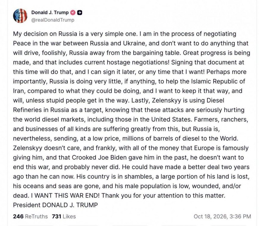 Thông điệp của ông Trump trên mạng xã hội Truth Social, mong muốn xung đột Nga - Ukraine đi đến hồi kết