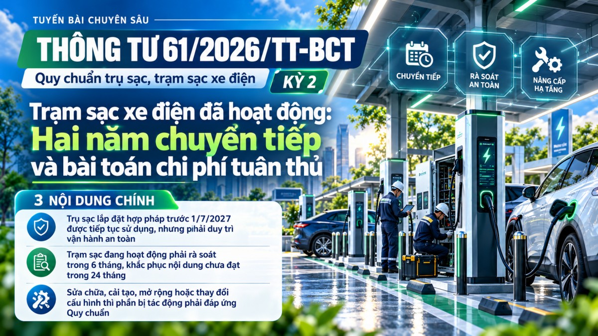 Thông tư 61/2026/TT-BCT, trạm sạc xe điện đã hoạt động: Hai năm chuyển tiếp và bài toán chi phí tuân thủ
