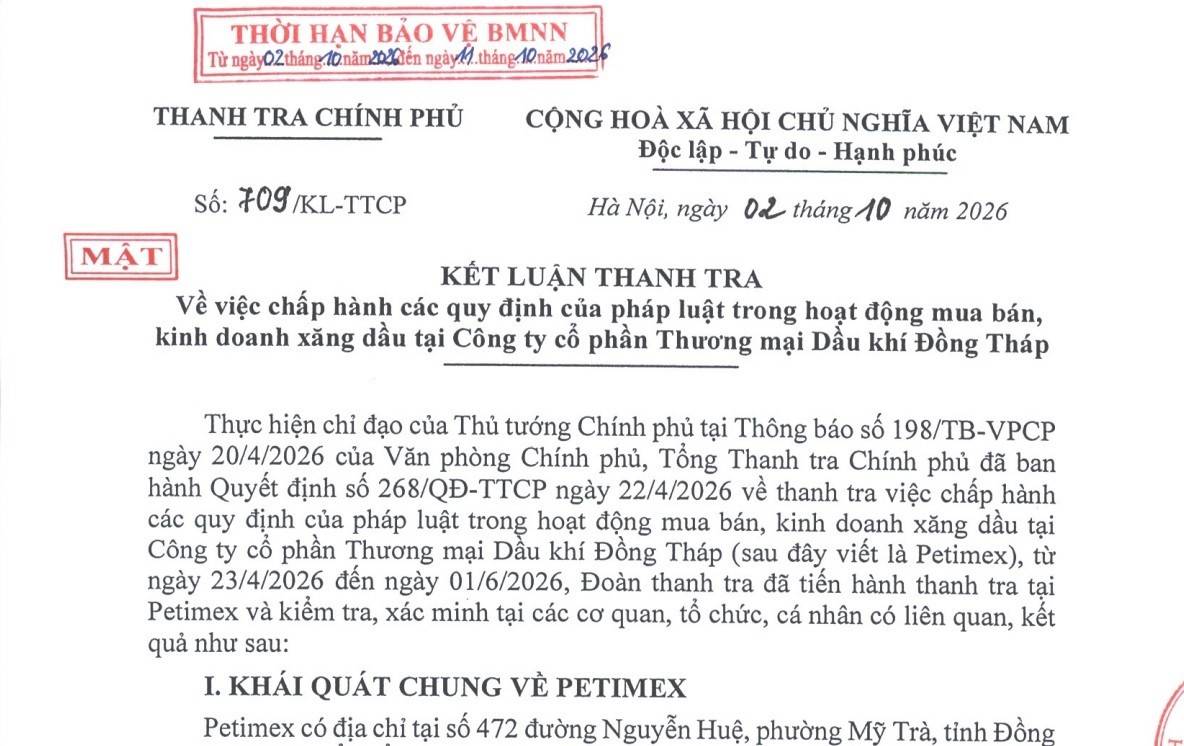 Theo kết luận được giải mật và công bố ngày 2/10, qua kiểm tra hồ sơ do Petimex cung cấp, đoàn thanh tra phát hiện doanh nghiệp này đã bán khoảng 185 triệu lít xăng dầu với tổng trị giá khoảng 2.841 tỷ đồng nhưng không hề có hóa đơn, chứng từ chứng minh nguồn gốc hợp pháp.