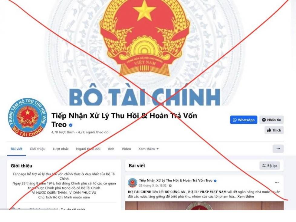 Một trang Facebook giả mạo Bộ Tài chính từng quảng bá dịch vụ hỗ trợ thu hồi tiền bị lừa đảo, yêu cầu người dân cung cấp thông tin và chuyển phí xử lý. Ảnh: Báo Nhân Dân.