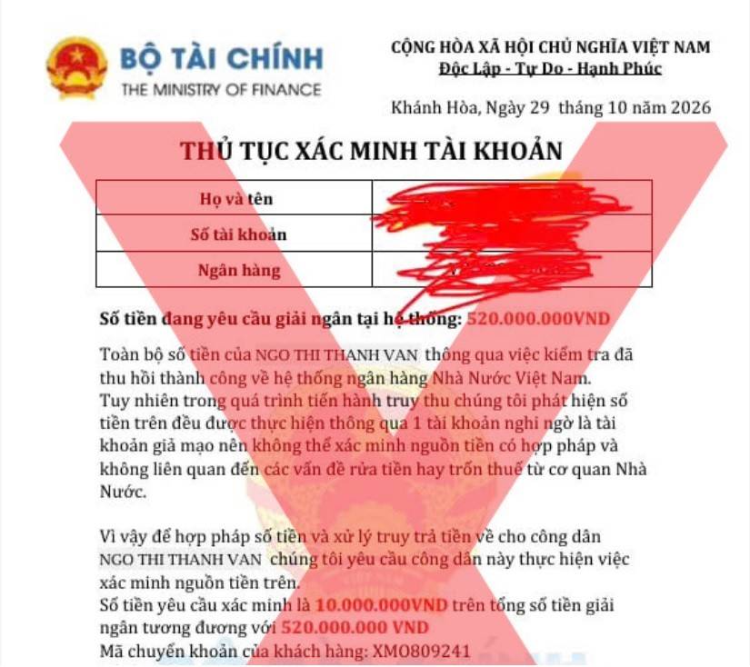 Bộ Tài chính cảnh báo văn bản giả mạo yêu cầu người dân xác minh tài khoản, nguồn tiền và khuyến cáo không làm theo hướng dẫn đáng ngờ để tránh bị lừa đảo.