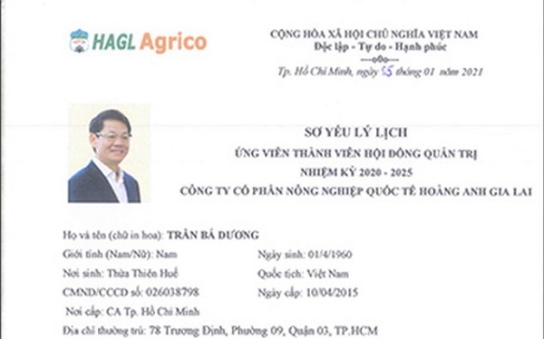 Sơ yếu l&amp;yacute; lịch của &amp;ocirc;ng Trần B&amp;aacute; Dương - Chủ tịch THACO - ứng cử vị tr&amp;iacute; th&amp;agrave;nh vi&amp;ecirc;n Hội đồng quản trị HAGL Agrico