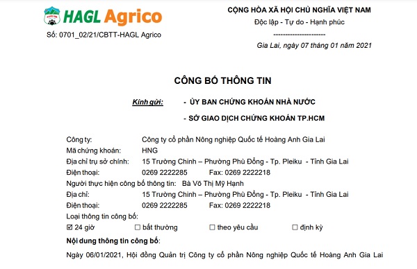 Nghị quyết số 0601/21/NQHĐQT-HAGL Agrico về việc chuyển nhượng phần vốn g&amp;oacute;p, cổ phần thuộc sở hữu của  HAGL Agrico