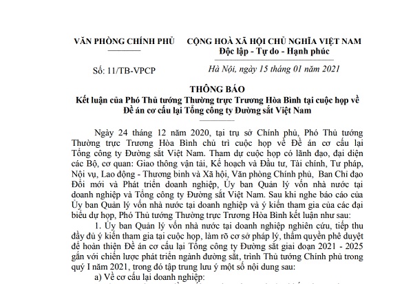 kết luận của Ph&amp;oacute; Thủ tướng Thường trực Ch&amp;iacute;nh phủ Trương H&amp;ograve;a B&amp;igrave;nh về Đề &amp;aacute;n cơ cấu lại Tổng C&amp;ocirc;ng ty Đường sắt Việt Nam