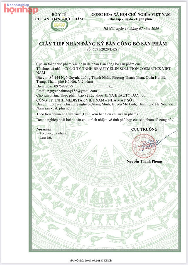 Giấy tiếp nhận đăng k&amp;yacute; bản c&amp;ocirc;ng bố sản phẩm v&amp;agrave; Giấy x&amp;aacute;c nhận nội dung quảng c&amp;aacute;o do Cục ATTP(Bộ Y tế) cấp cho C&amp;ocirc;ng ty TNHH Beauty skin solution cosmetics việt Nam