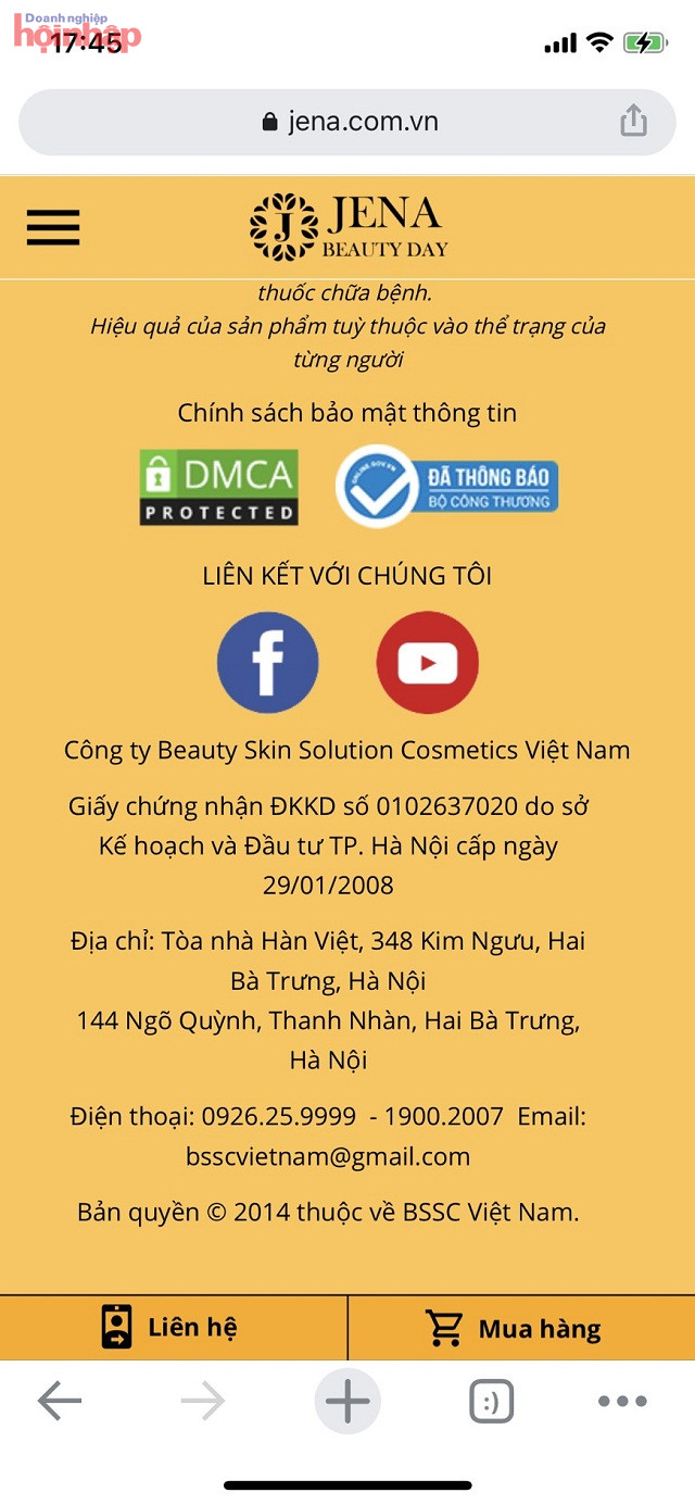 Hai ảnh chụp m&amp;agrave;n h&amp;igrave;nh 2 website: jena.vn v&amp;agrave; jena.com.vn đều ghi đ&amp;atilde; th&amp;ocirc;ng b&amp;aacute;o với Bộ C&amp;ocirc;ng thương chụp ng&amp;agrave;y 18/01/2021 v&amp;agrave; click đều kh&amp;ocirc;ng c&amp;oacute; th&amp;ocirc;ng tin, cũng ghi r&amp;otilde; số đăng k&amp;yacute; kinh doanh kh&amp;ocirc;ng phải của C&amp;ocirc;ng ty Beauty skin solution cosmetics Việt Nam
