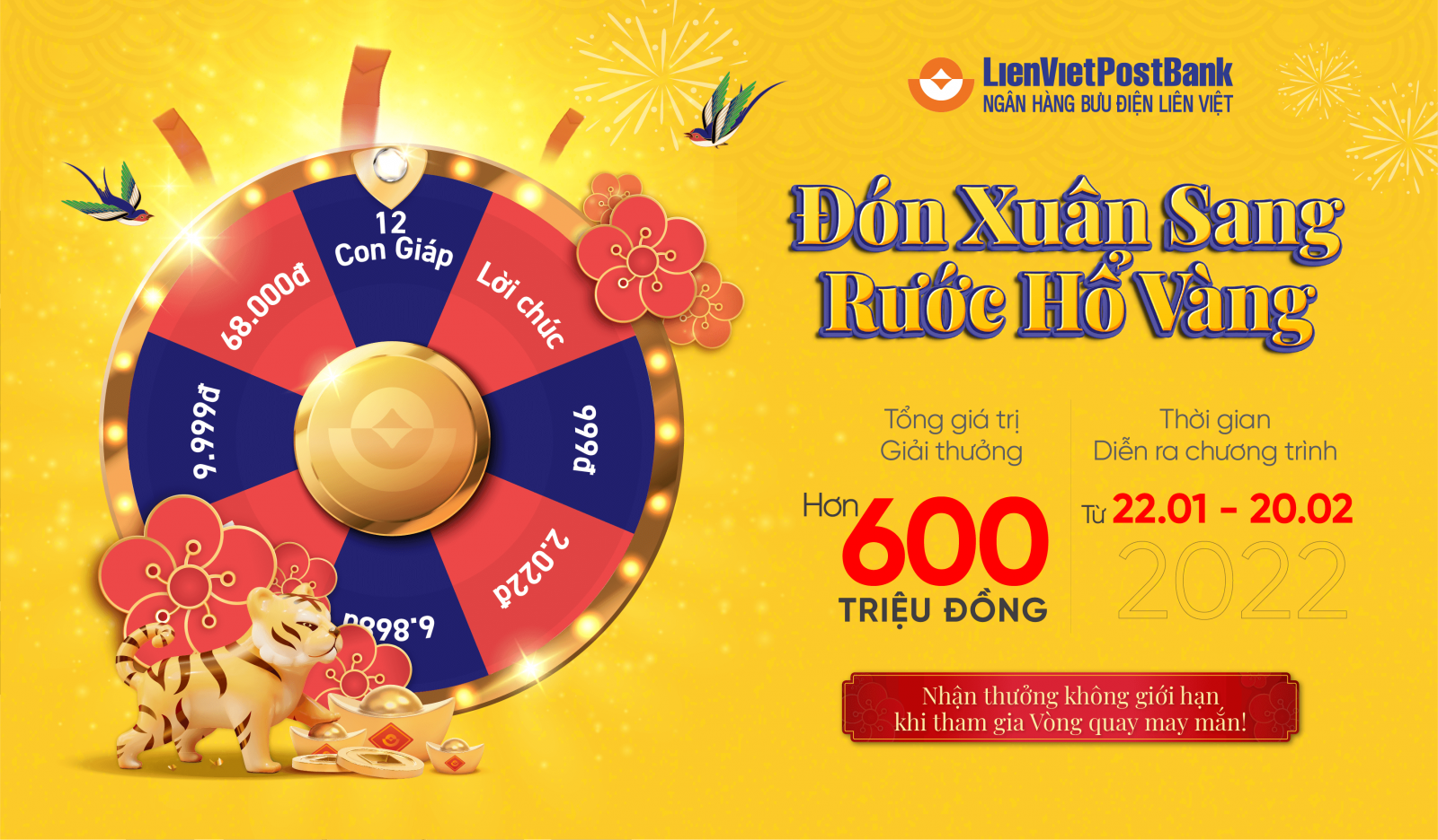 Ng&amp;acirc;n h&amp;agrave;ng Bưu điện Li&amp;ecirc;n Việt (LienVietPostBank) triển khai chương tr&amp;igrave;nh V&amp;ograve;ng quay may mắn &amp;ldquo;Đ&amp;oacute;n xu&amp;acirc;n sang &amp;ndash; Rước hổ v&amp;agrave;ng&amp;rdquo; tr&amp;ecirc;n ứng dụng LienViet24h của ng&amp;acirc;n h&amp;agrave;ng với tổng gi&amp;aacute; trị giải thưởng l&amp;ecirc;n tới hơn 600 triệu đồng