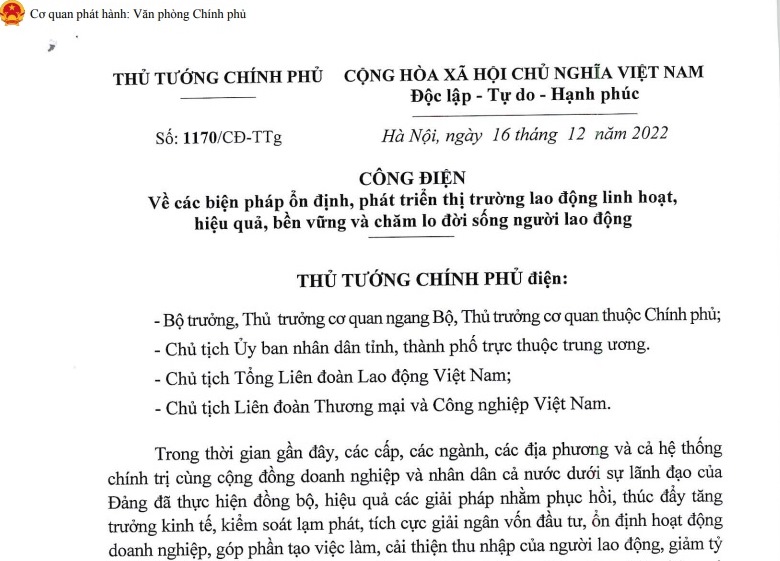 C&amp;ocirc;ng điện số 1170/CĐ-TTg ng&amp;agrave;y 16/12/2022