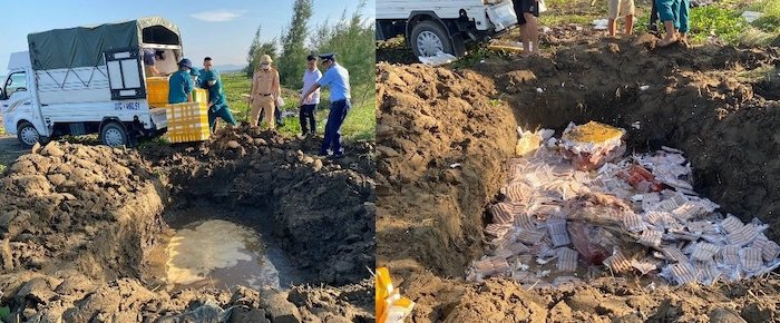 QLTT Nghệ An phối hợp với lực lượng chức năng tiến h&amp;agrave;nh ti&amp;ecirc;u huỷ 200kg x&amp;uacute;c x&amp;iacute;ch đ&amp;ocirc;ng lạnh, to&amp;agrave;n bộ số h&amp;agrave;ng đ&amp;atilde; bốc m&amp;ugrave;i h&amp;ocirc;i thối, chủ xe kh&amp;ocirc;ng xuất tr&amp;igrave;nh được h&amp;oacute;a đơn chứng từ chứng minh nguồn gốc xuất xứ
