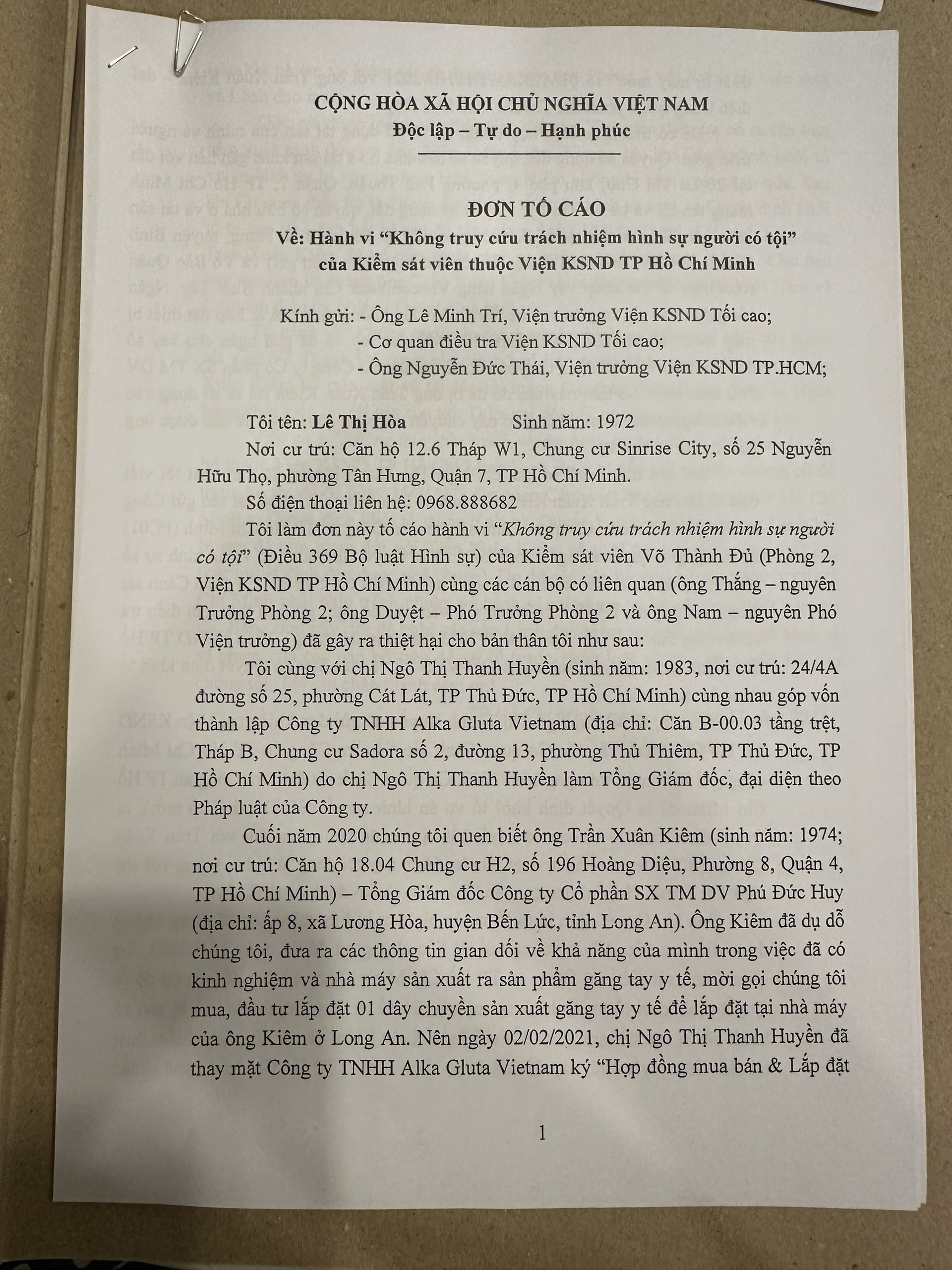 Đơn tố c&amp;aacute;o h&amp;agrave;nh vi &amp;ldquo;Kh&amp;ocirc;ng truy cứu tr&amp;aacute;ch nhiệm h&amp;igrave;nh sự người c&amp;oacute; tội&amp;rdquo; của b&amp;agrave; L&amp;ecirc; Thị H&amp;ograve;a...