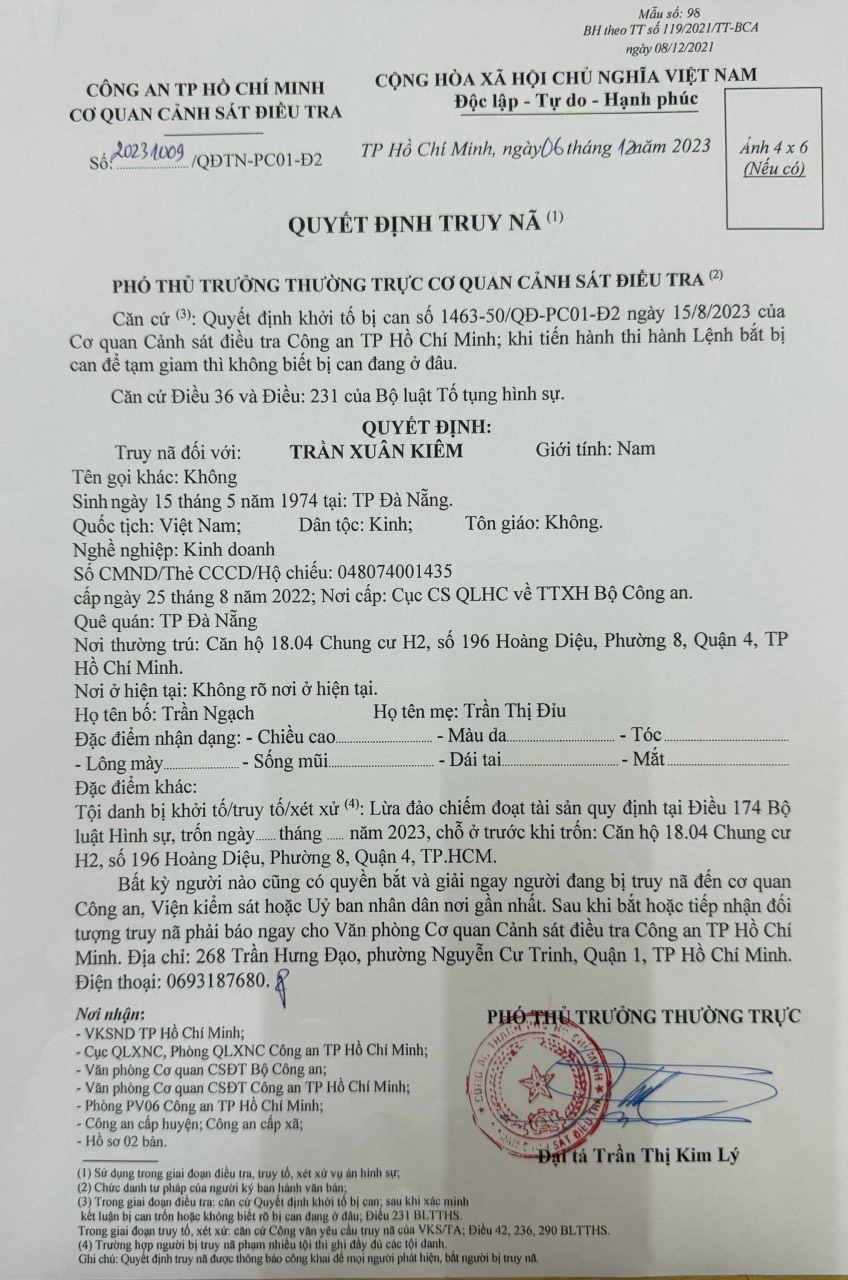 Quyết định truy n&amp;atilde; to&amp;agrave;n quốc số : 20231009/QĐTN- PC02- D2 đối với &amp;ocirc;ng Ki&amp;ecirc;m