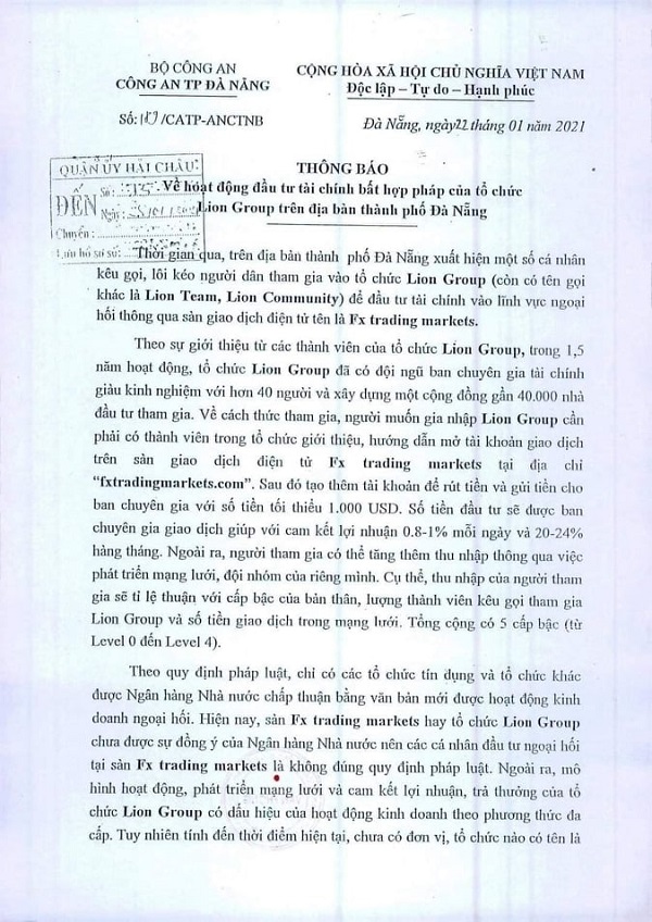 C&amp;ocirc;ng an TP. Đ&amp;agrave; Nẵng ra th&amp;ocirc;ng b&amp;aacute;o về hoạt động đầu tư t&amp;agrave;i ch&amp;iacute;nh bất hợp ph&amp;aacute;p của tổ chức Lion Group