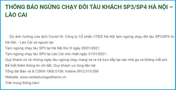 Th&amp;ocirc;ng b&amp;aacute;o dừng chạy t&amp;agrave;u SP3 - SP4